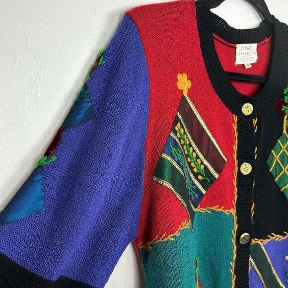 Susan Bristol Vintage Colourful Hand Embroidered Patchwork Cardigan Sweater M - Picture 2 of 9